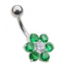 Small Sterling Silver Flower Belly Bar - Green